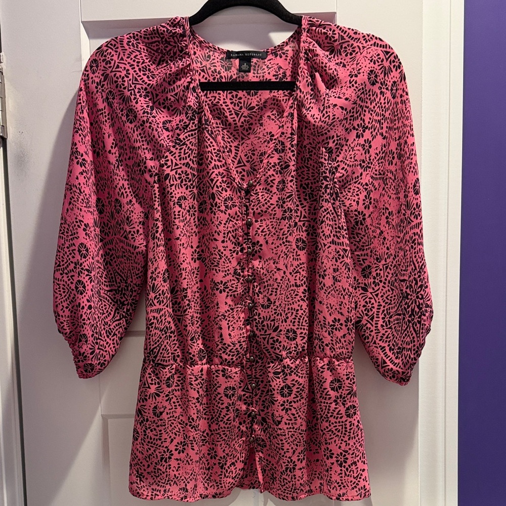 Pink and Black Patterned Peplum-style Women's Top